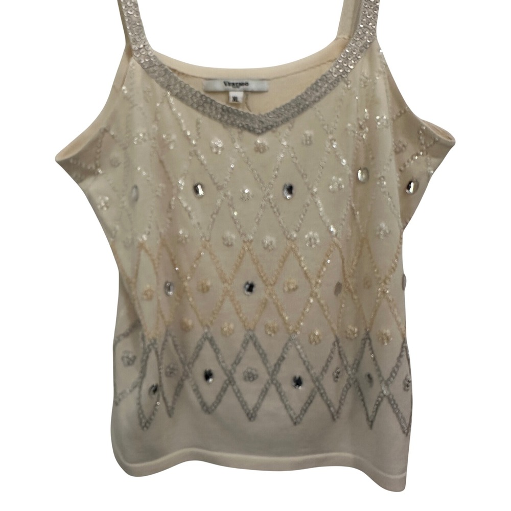 Vertigo Paris Beaded Cami Top Cream Silk Cotton Knit Sequin Argyle Y2K Glam XL